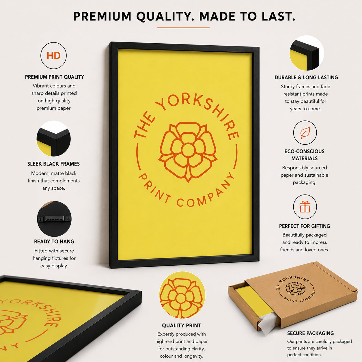 Sleek black frames, eco-conscious materials, ready to hang, quality print and secure packaging