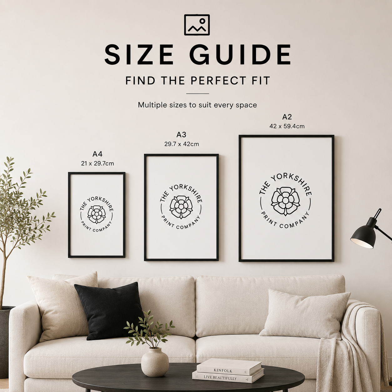 Size guide showing A4, A3 and A2 prints on a living room wall